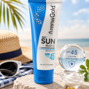 arena gold spf 45 sunblock & lightening cream with vitamin e – uva/uvb protection (60g)