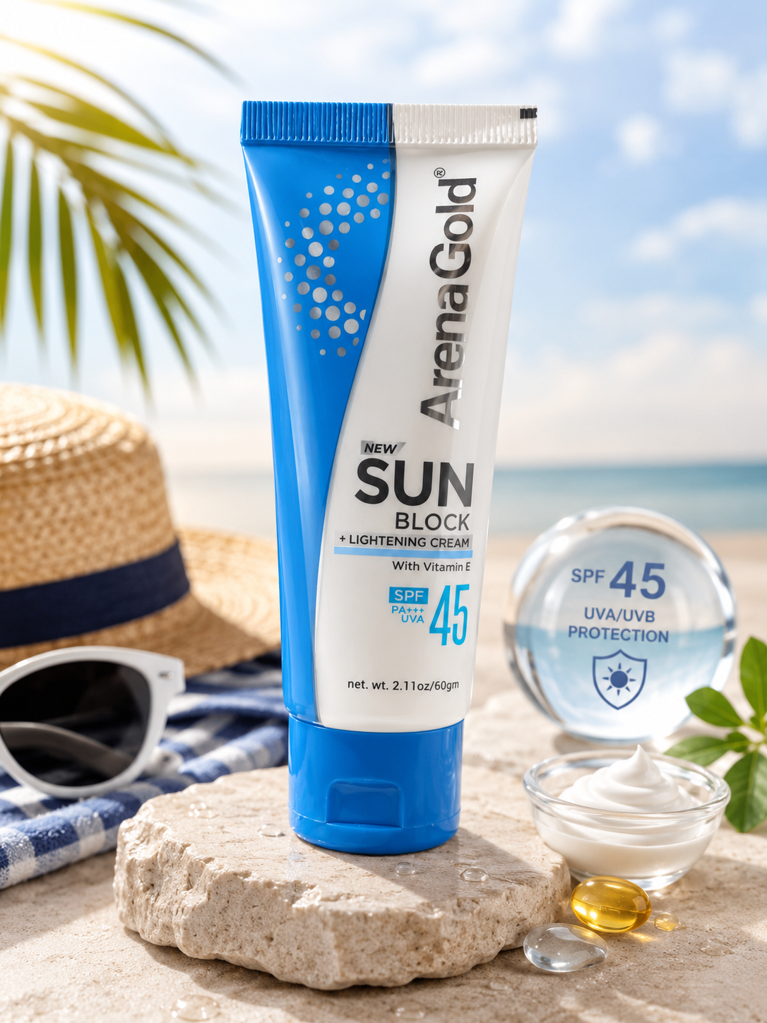arena gold spf 45 sunblock & lightening cream with vitamin e – uva/uvb protection (60g) arena gold spf 45 sunblock & lightening cream with vitamin e – uva/uvb protection (60g)